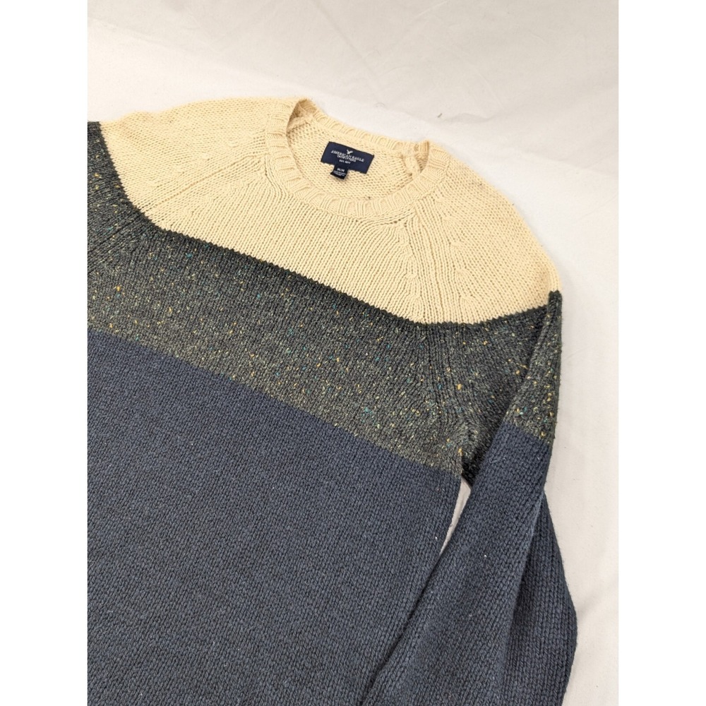 American Eagle Sweater Mens Medium Gray Colorful Striped Wool Blend Athletic Fit
